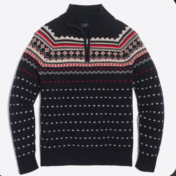 J. crew Lambs Wool Navy Blue Mock Neck Patterned Crew Neck Sweater - Picture 1 of 6